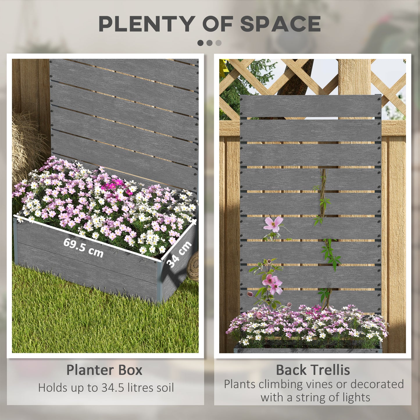 34 x 69.5cm Garden Planter Box, with Back Trellis