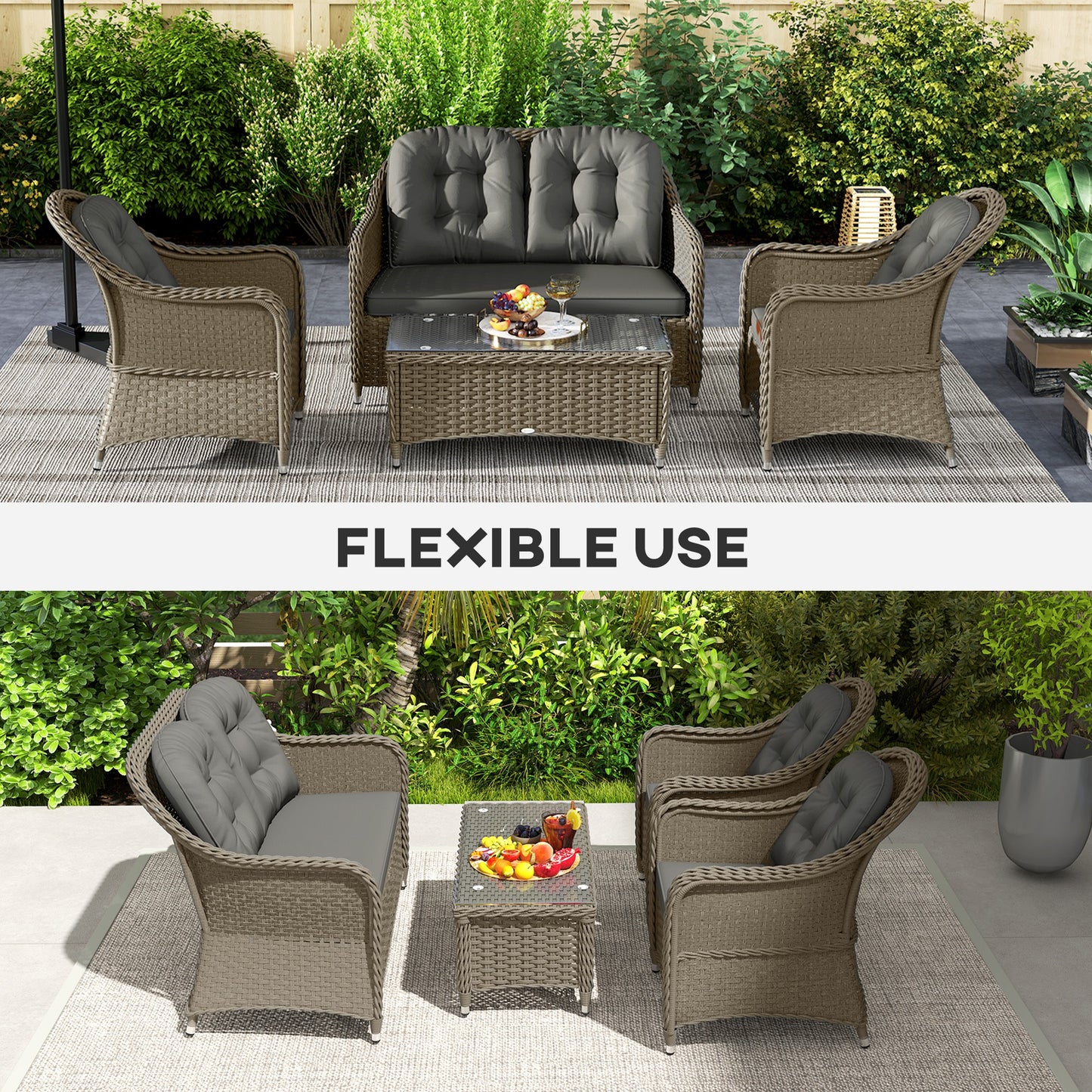 Four-Piece Rattan Sofa Set, with Glass-Top Table