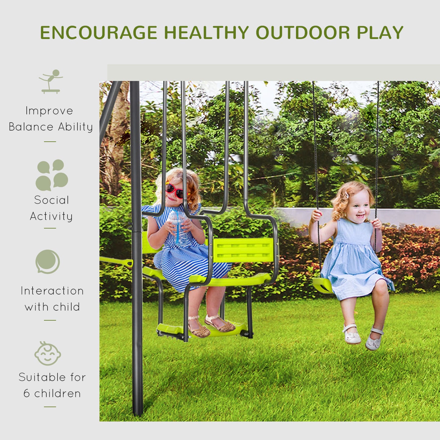 Metal Garden Swing Set with Double Swings, Glider, Swing Seats