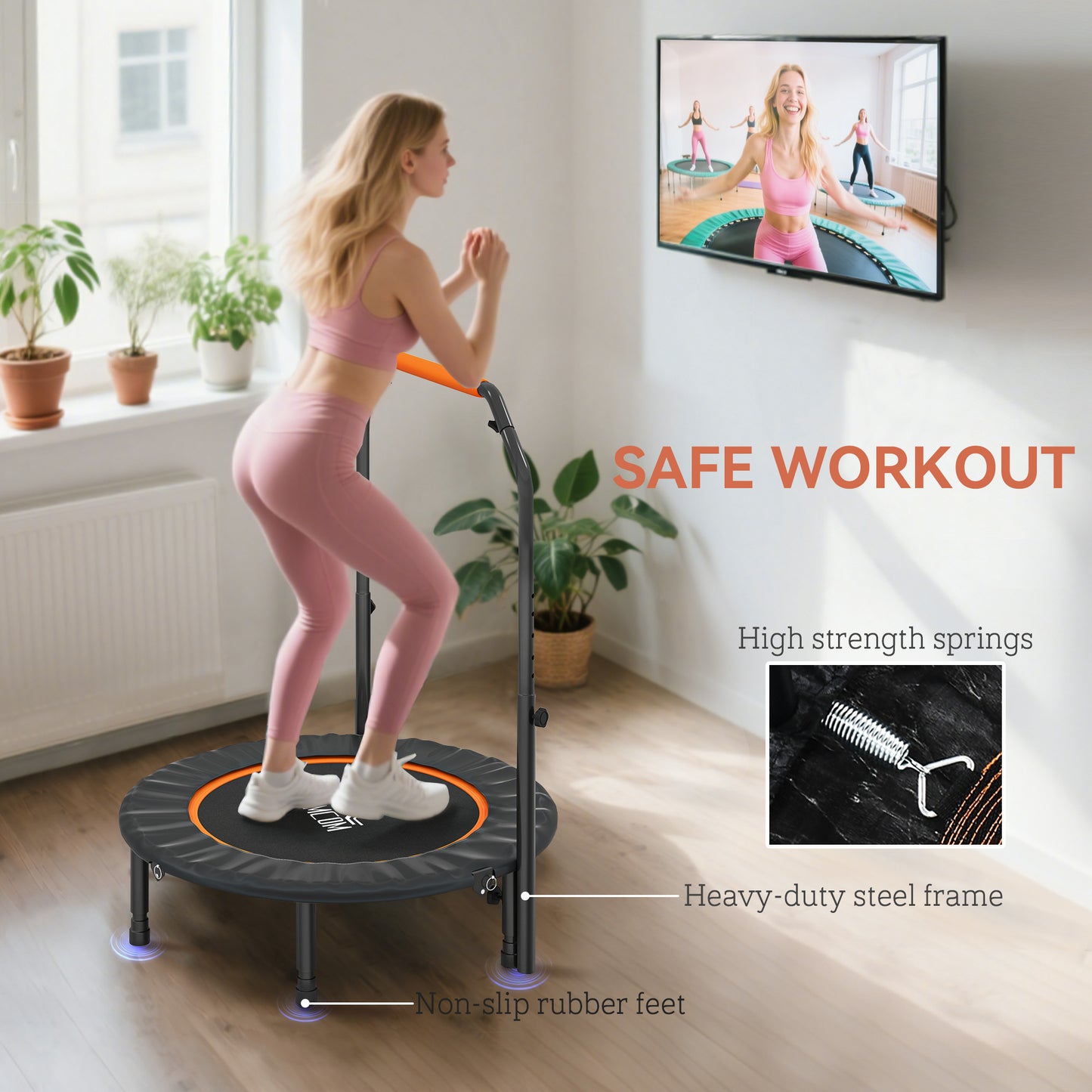 40" Foldable Mini Fitness Trampoline, with Adjustable Foam Handle
