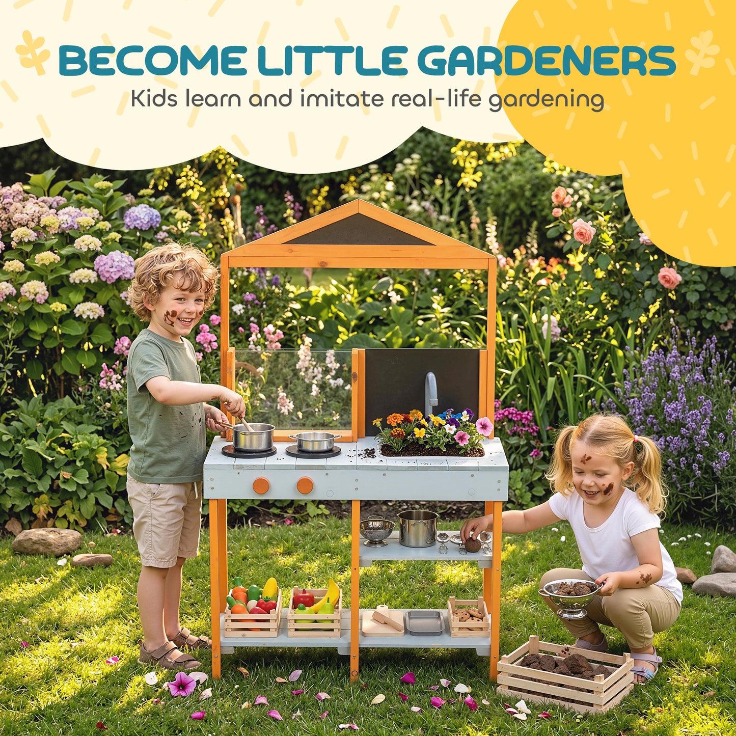 Mud Kitchen for Kids, Outdoor Wooden Play Kitchen with Sink, Stove