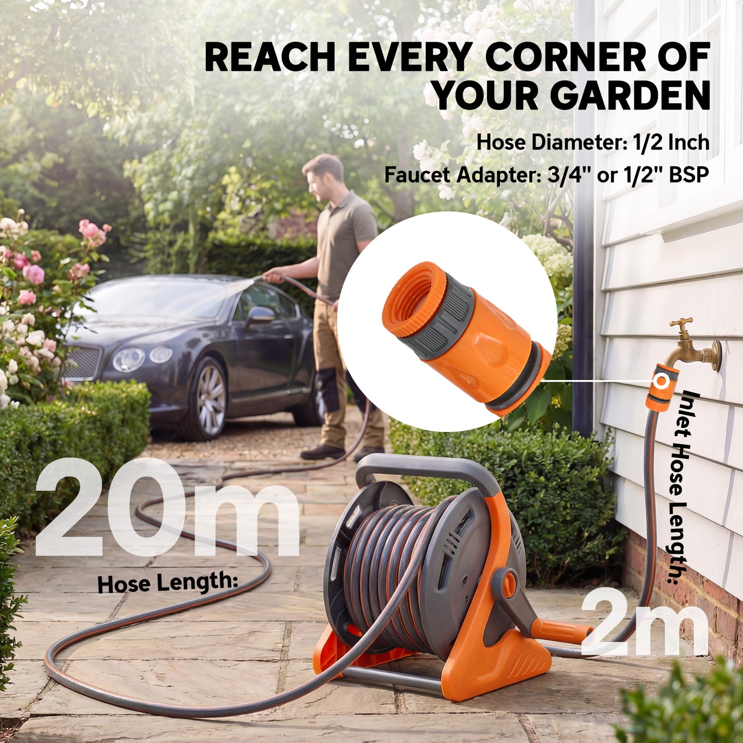 Portable Garden Hose Reel, 20+2 m Wall Mounted Hose Reel