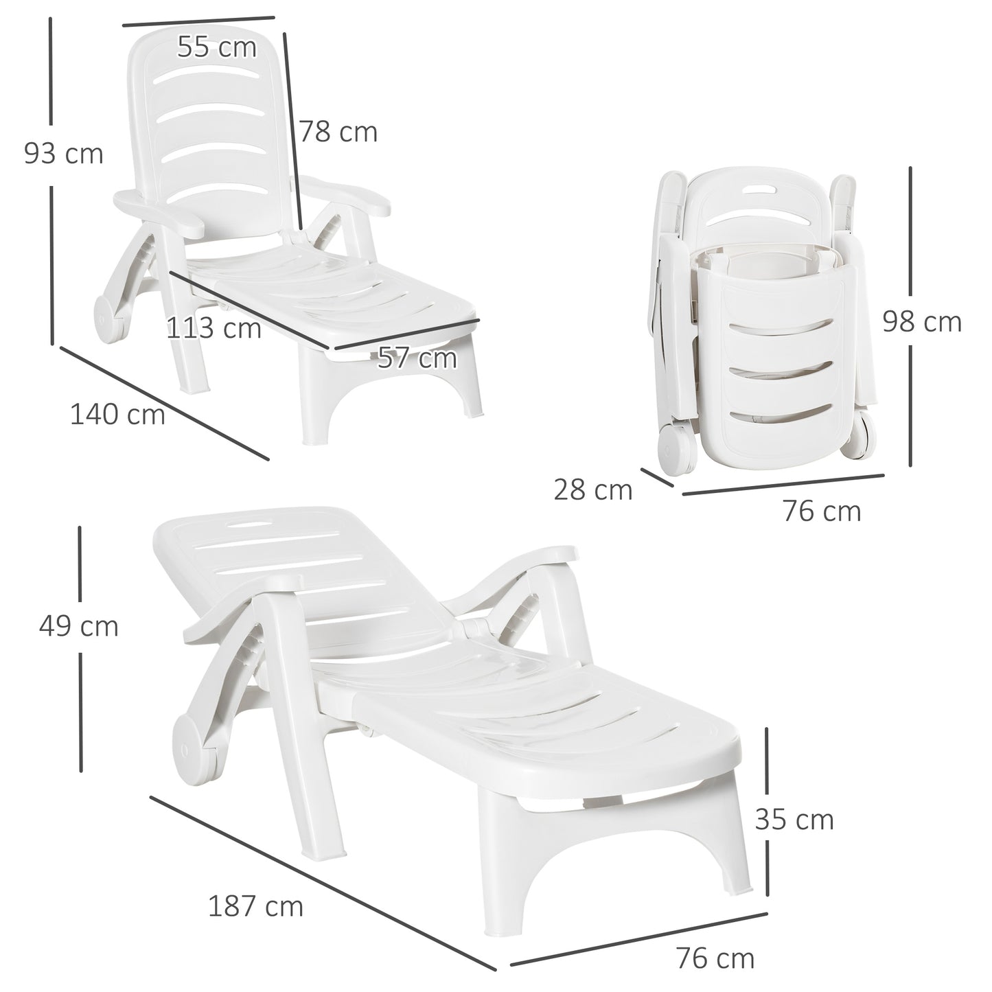 2PCs Outdoor Folding Sun Lounger Recliner on Wheels w/ 5-Position