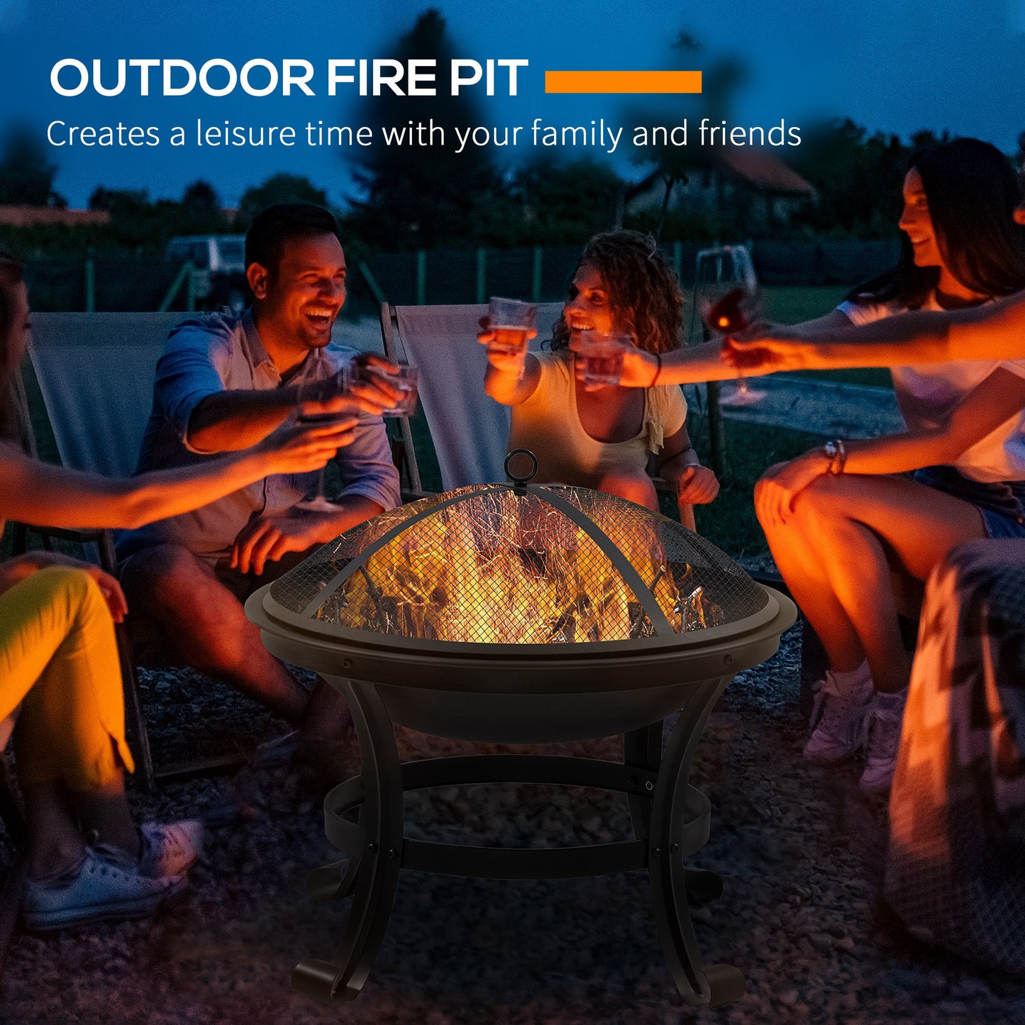 Outdoor Fire Pit, Firepit with Mesh Lid, Poker, for Camping, Bonfire