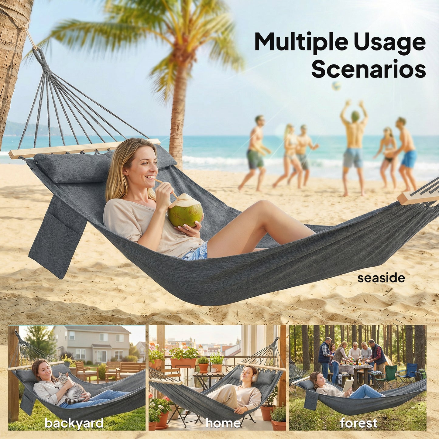 Cotton Hammock, Soft Portable Swing Sleeping w/ Headrest & Side Pocket