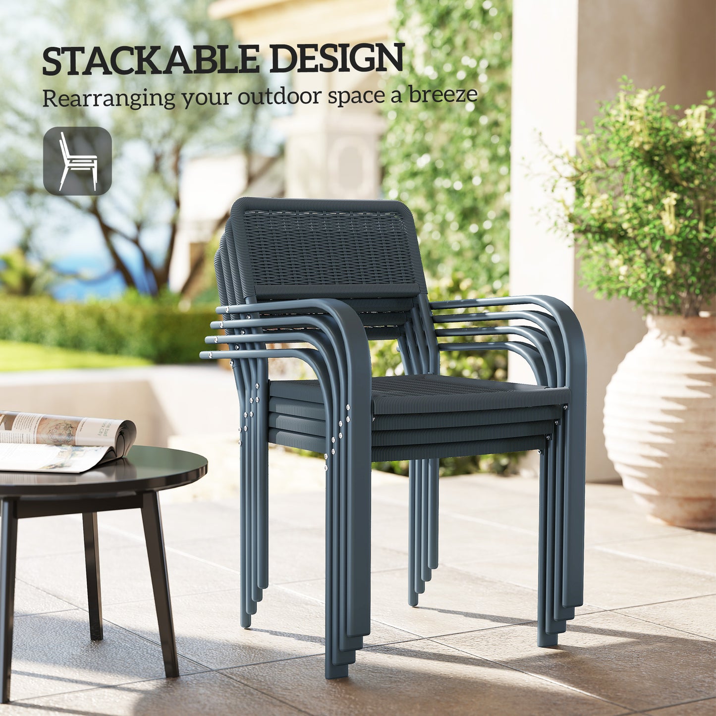 Garden Chairs Set of 4, Stackable Rattan Effect Dining Chairs