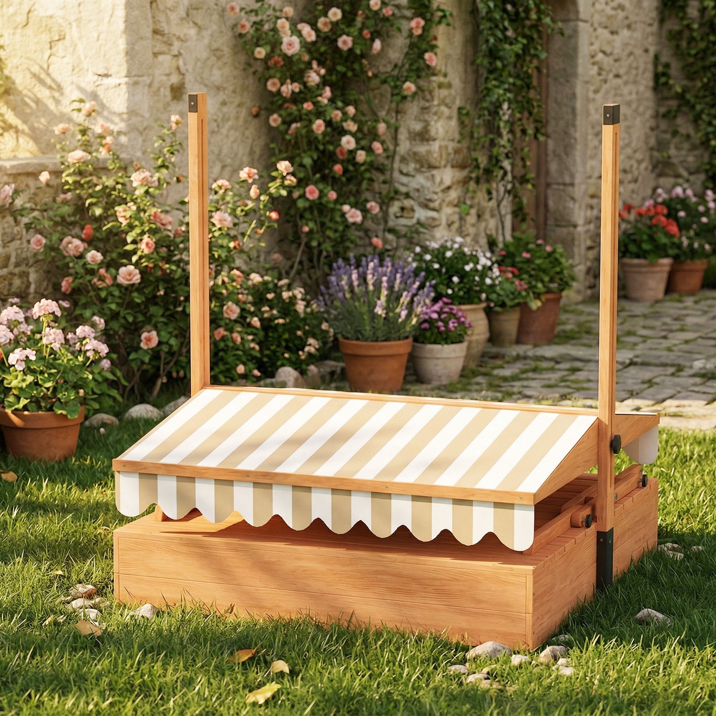 Kids Sand Pit with Lid, Wooden Sandpit with Canopy