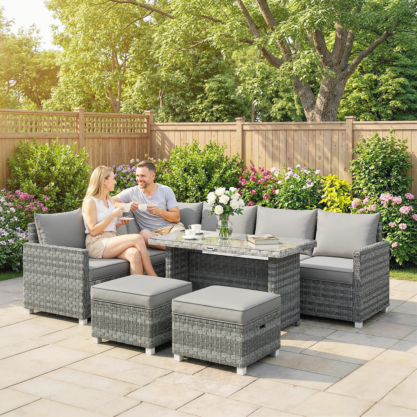 6 Seater Rattan Garden Furniture Set with 3 Sofas, 2 Footstools