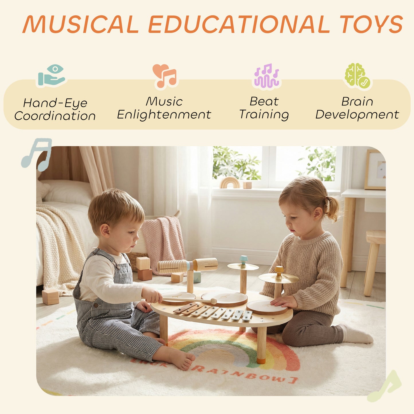 Baby Drum Kit, Wooden Kids Musical Instruments with Drums