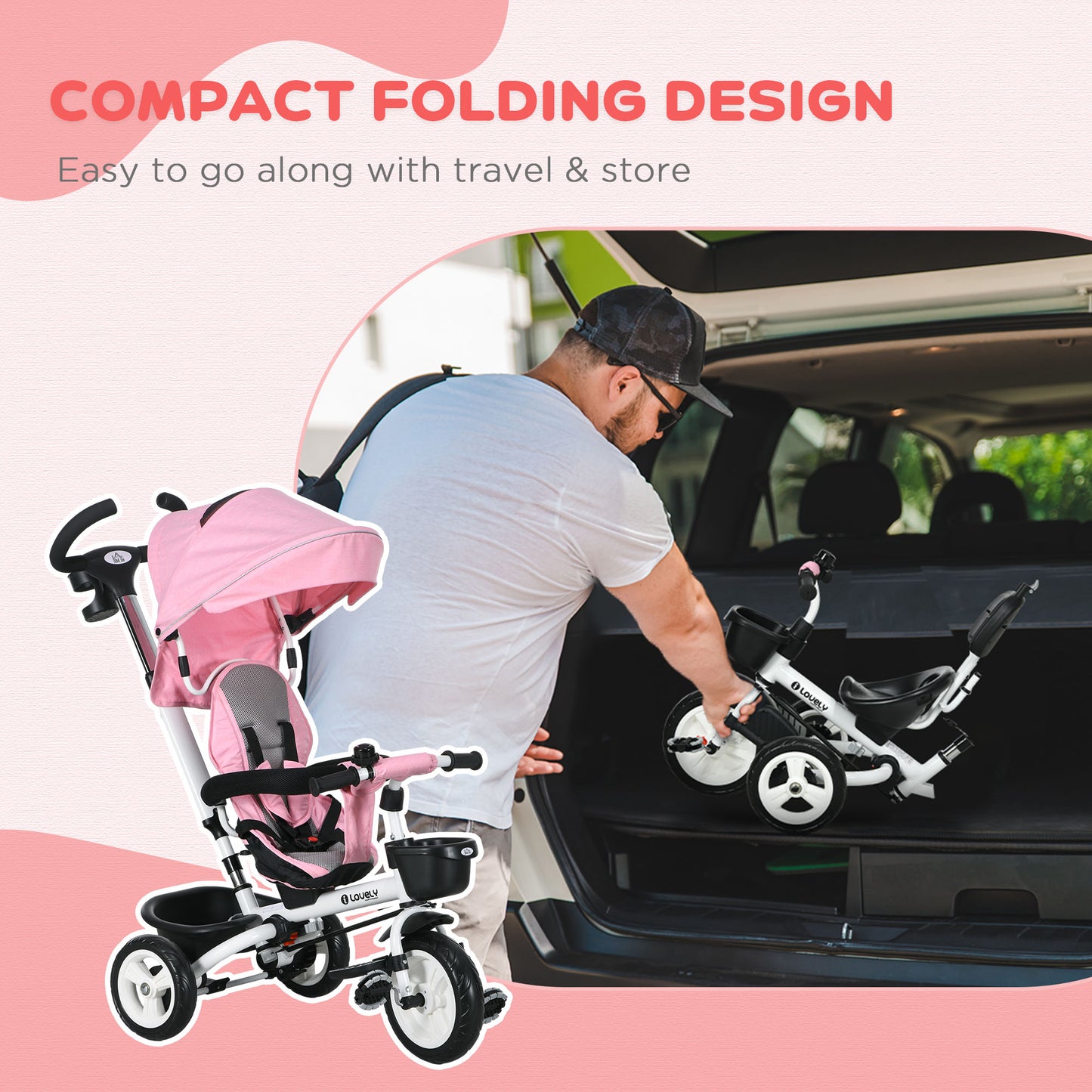 Metal Frame 6 in 1 Baby Push Tricycle with Parent Handle