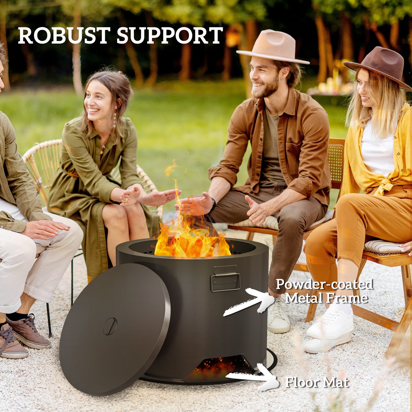 Outdoor Round Fire Pit with Lid and Fire Poker