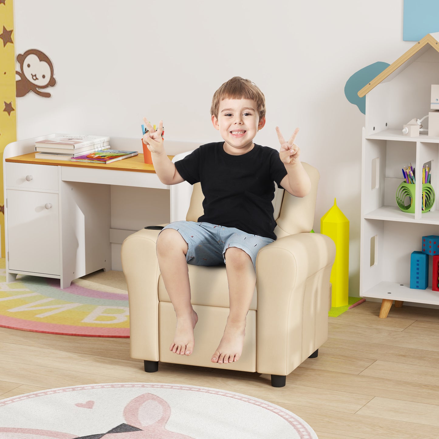 Kids Recliner Chair, PU Leather with Adjustable Backrest, Footrest