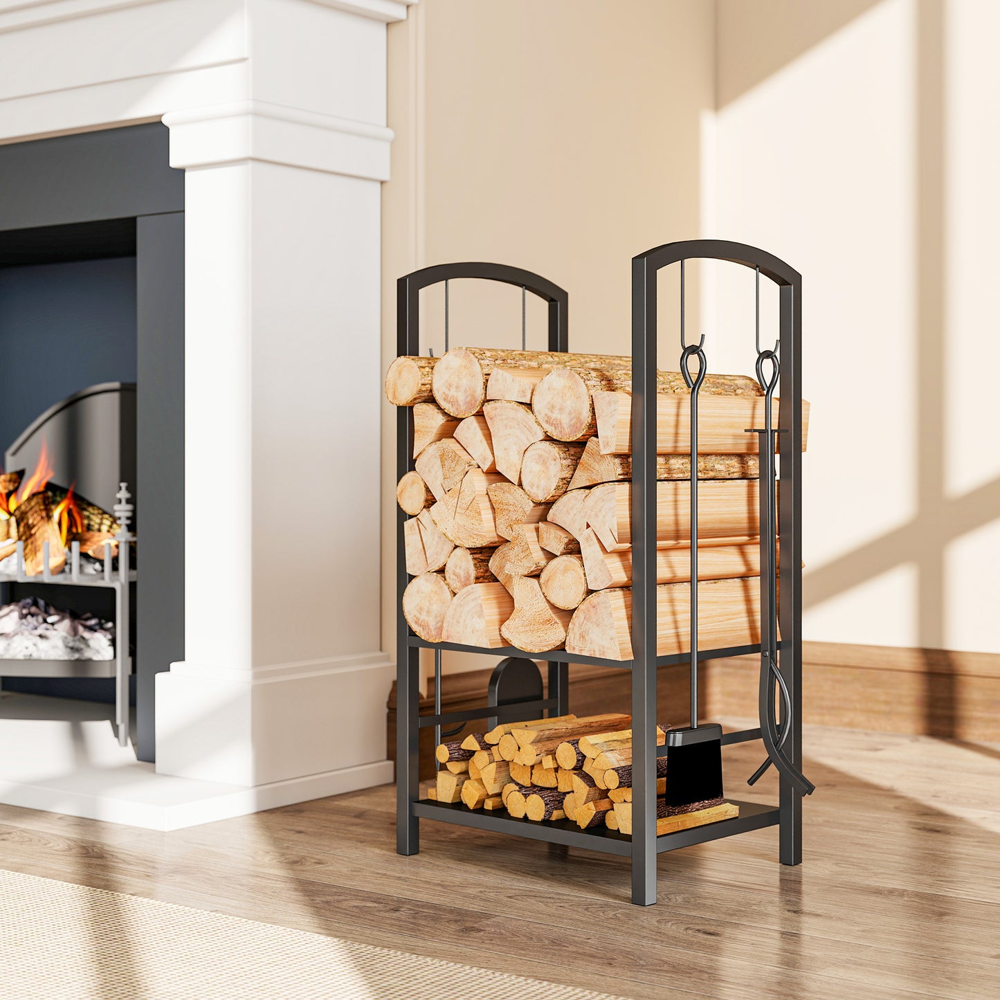 Metal Firewood Log Holder 2 Layer Firewood Rack Indoor Outdoor