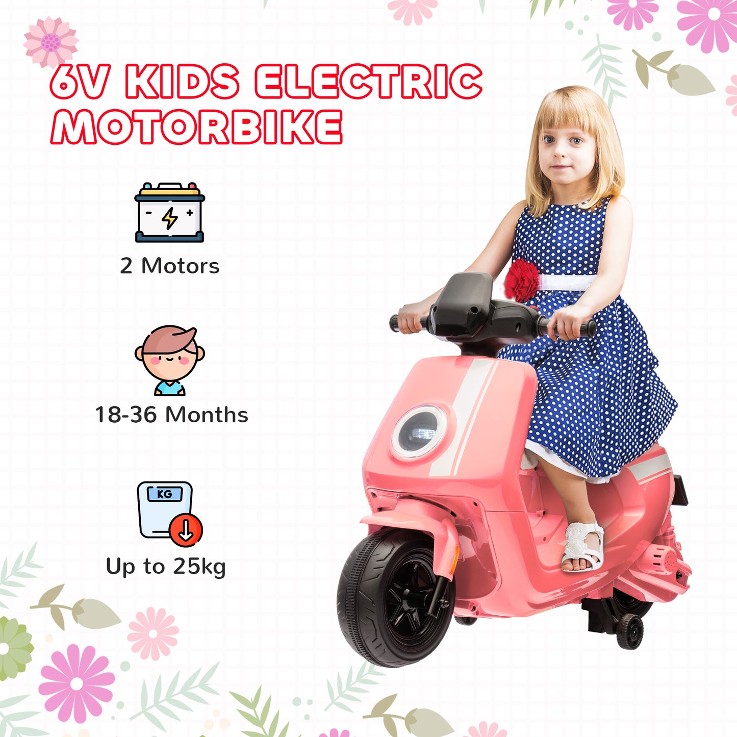 6V Ride on Motorbike, Kids Electric Motorbike w/ Headlights, Music