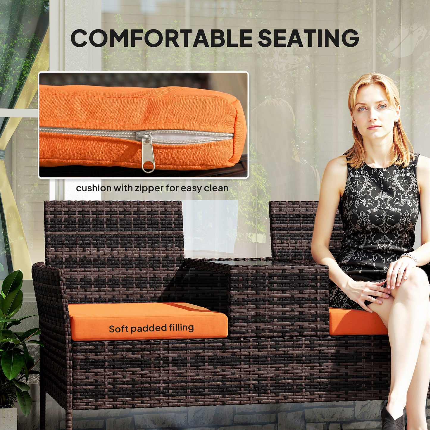 Two-Seat Rattan Chair, with Middle Table