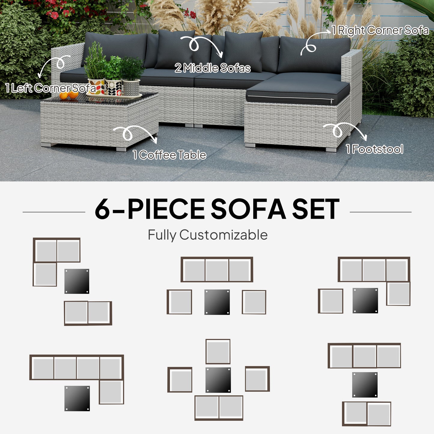 6 Pieces Rattan Corner Sofa Set