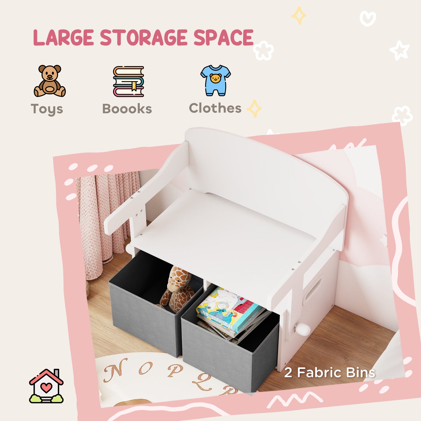 3 in 1 Kids Storage Bench, Convertible Children Table and Chair Set