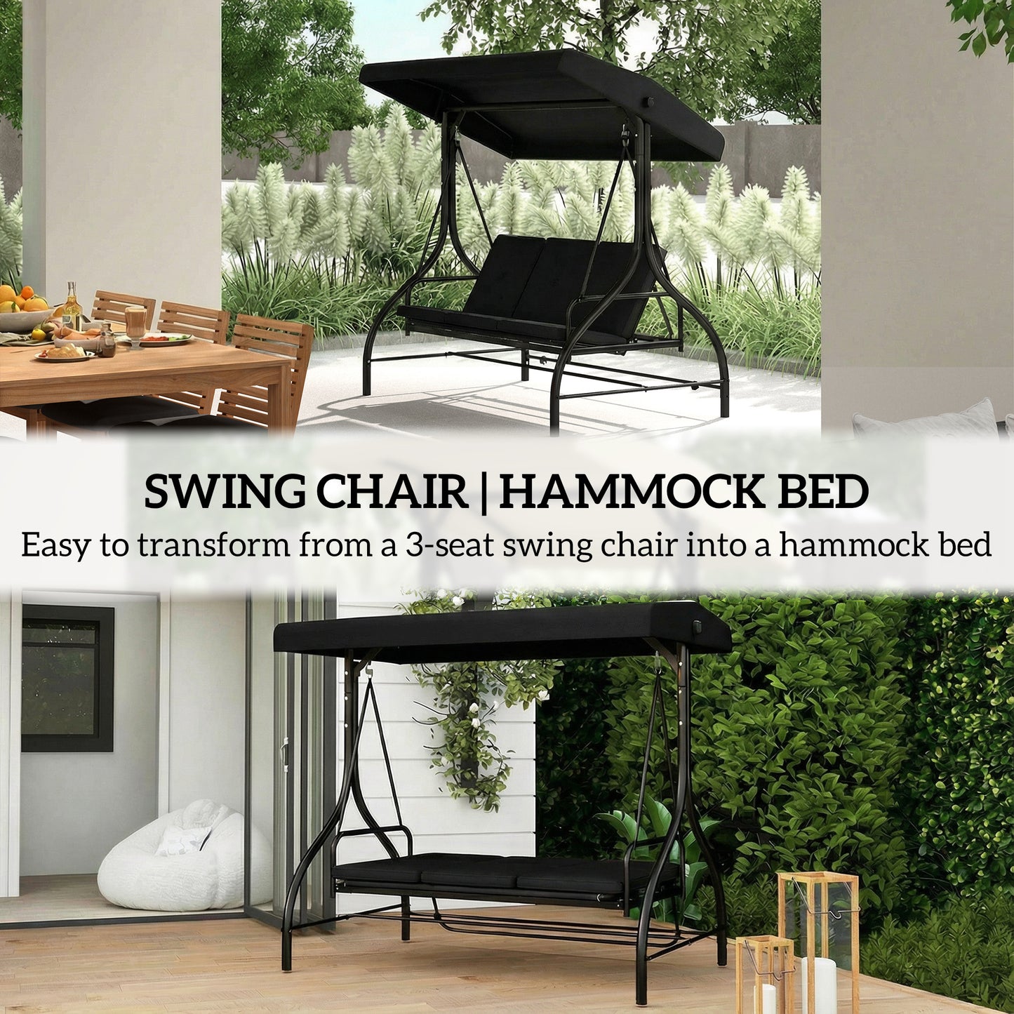 3 Seater Canopy Swing Chair, 2 in 1 Garden Swing Seat Bed