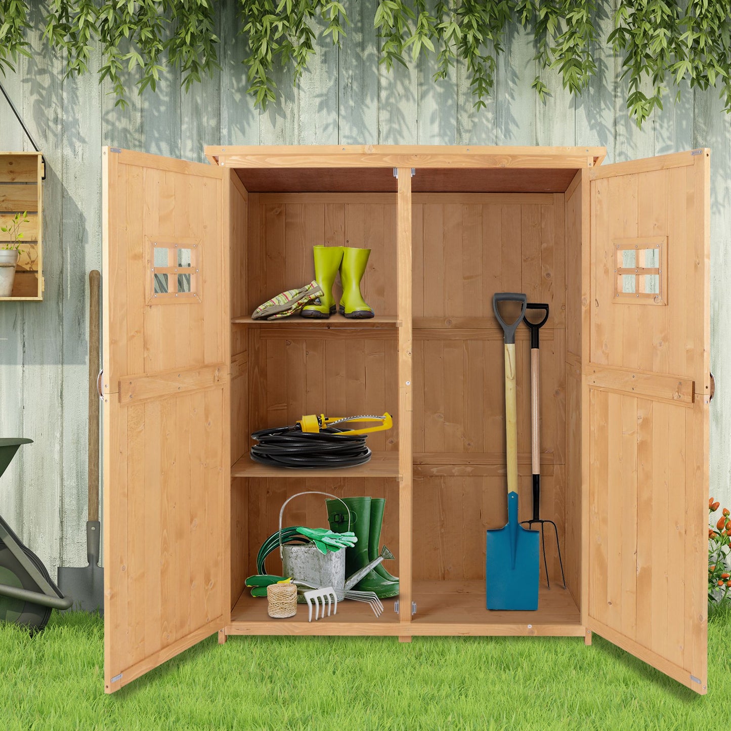 Wooden Garden Shed with Two Windows, Tool Storage Cabinet