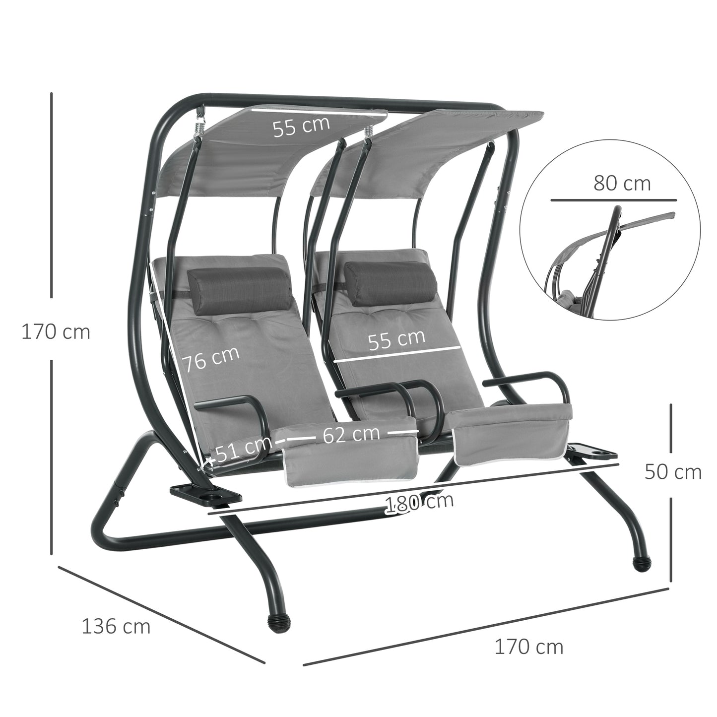 Canopy Swing 2 Separate Relax Chairs w/ Handrails and Removable Canopy