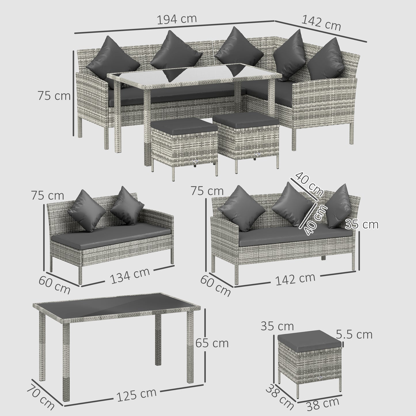tsunny 6-Seater Rattan Dining Set Sofa Table Footstool Outdoor w/