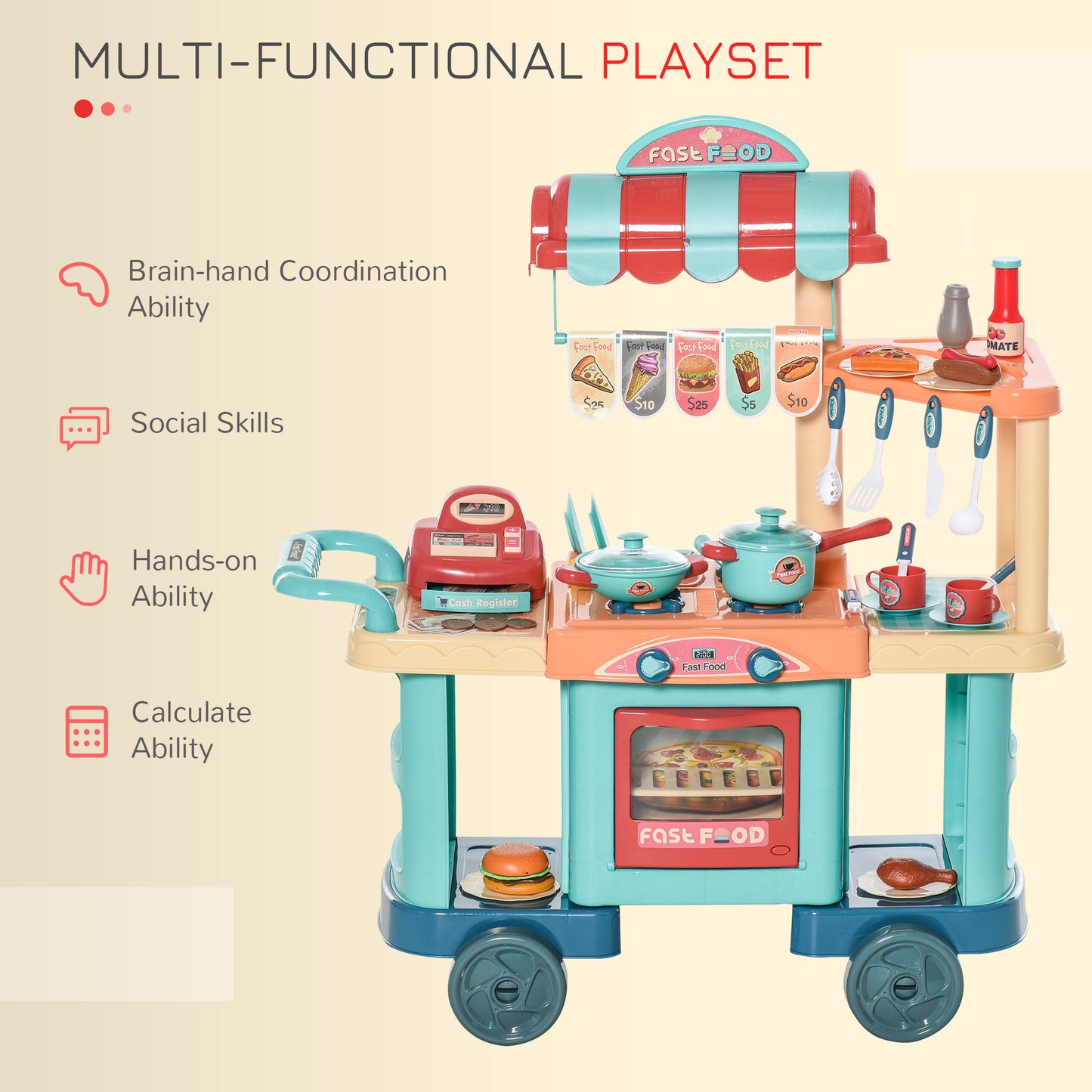 50 Pcs Kids Kitchen Play set Fast Food Trolley Cart Pretend Playset