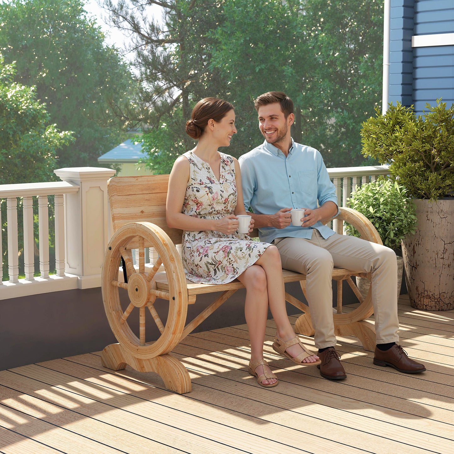Fir Wood 2-Seater Outdoor Garden Wagon Wheel Bench