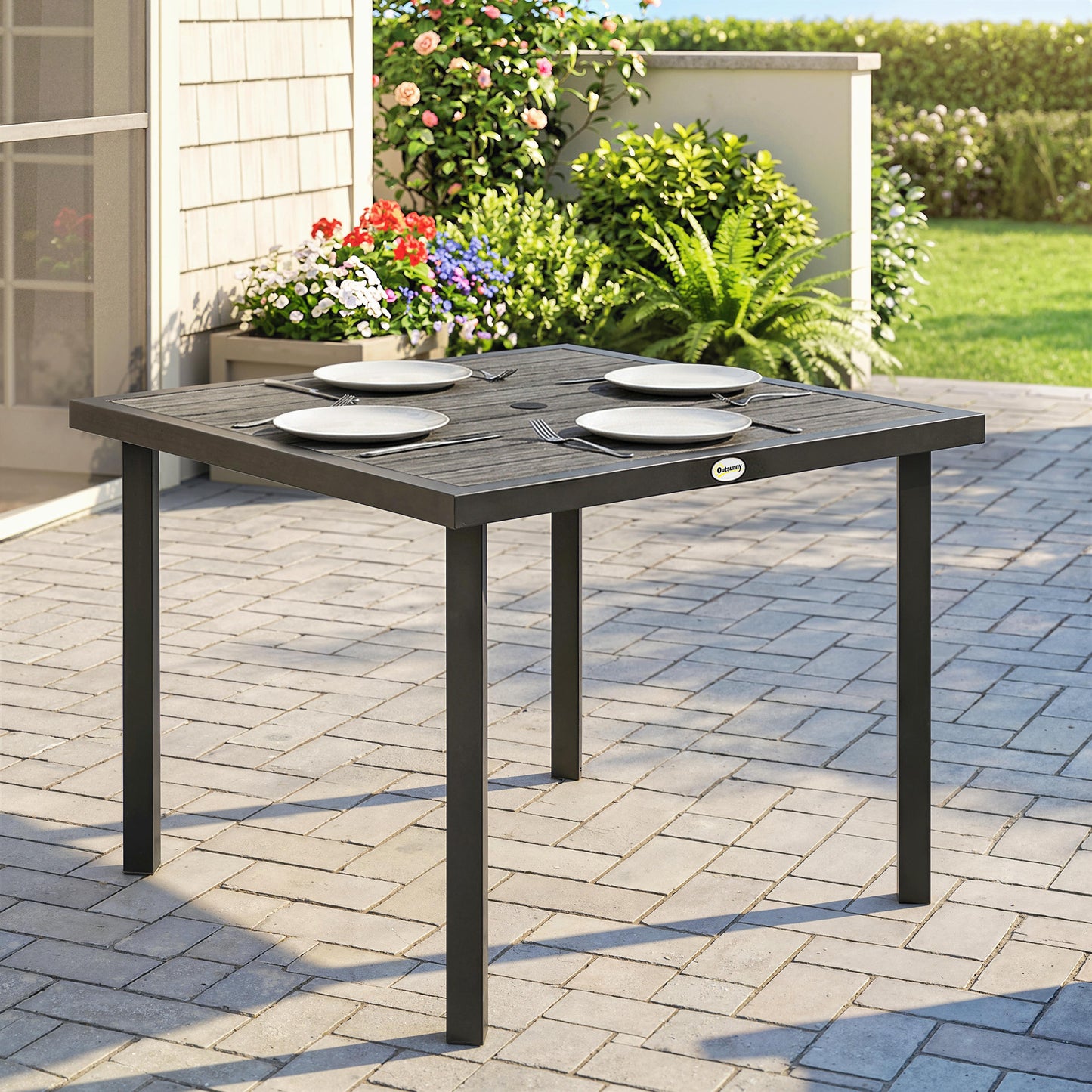 Square Garden Dining Table with Parasol Hole, Slatted Top