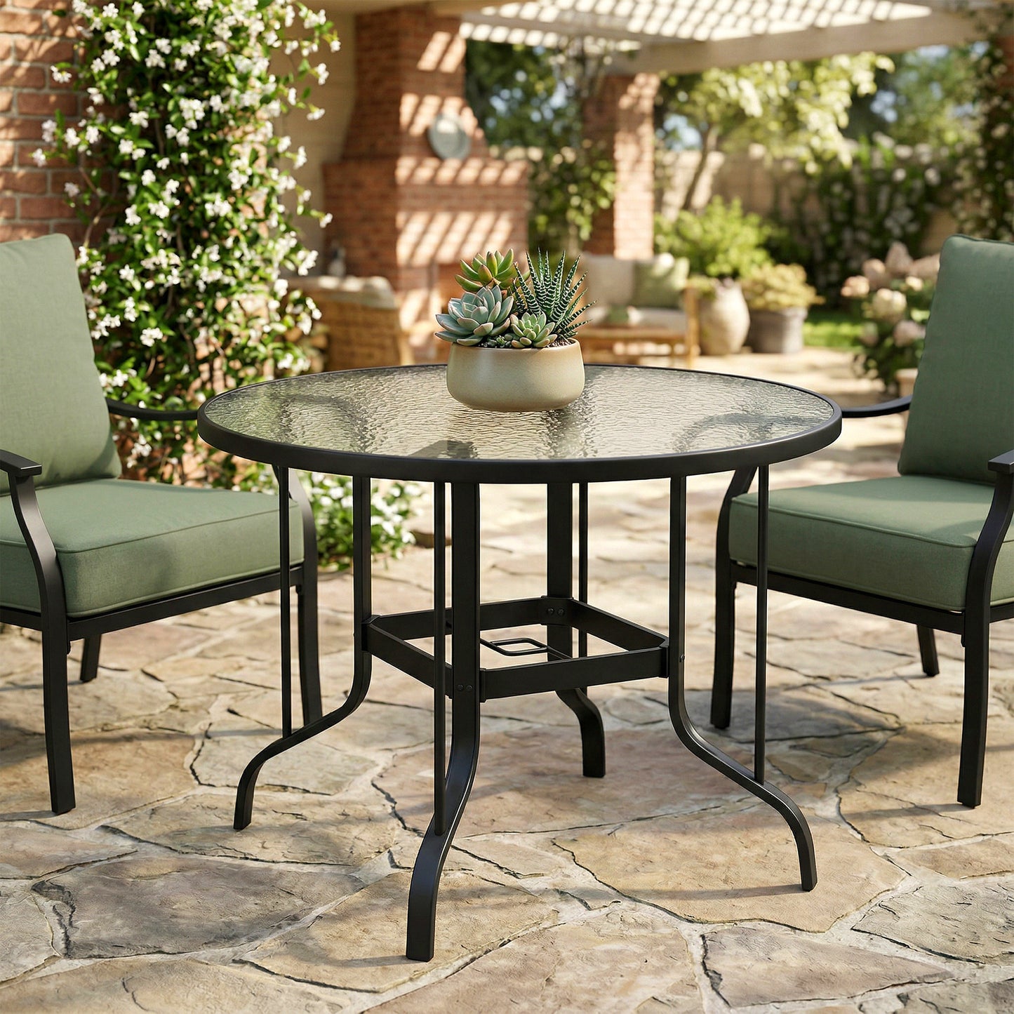 Tempered Glass Top Round Outdoor Dining Table with Parasol Hole