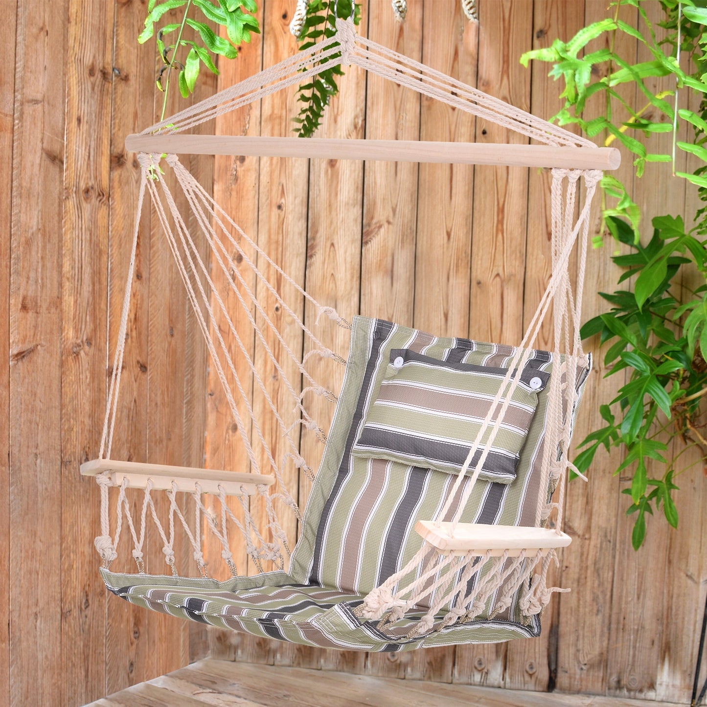 Garden Outdoor Hanging Hammock Chair Thick Rope Frame Wooden Arms (1)