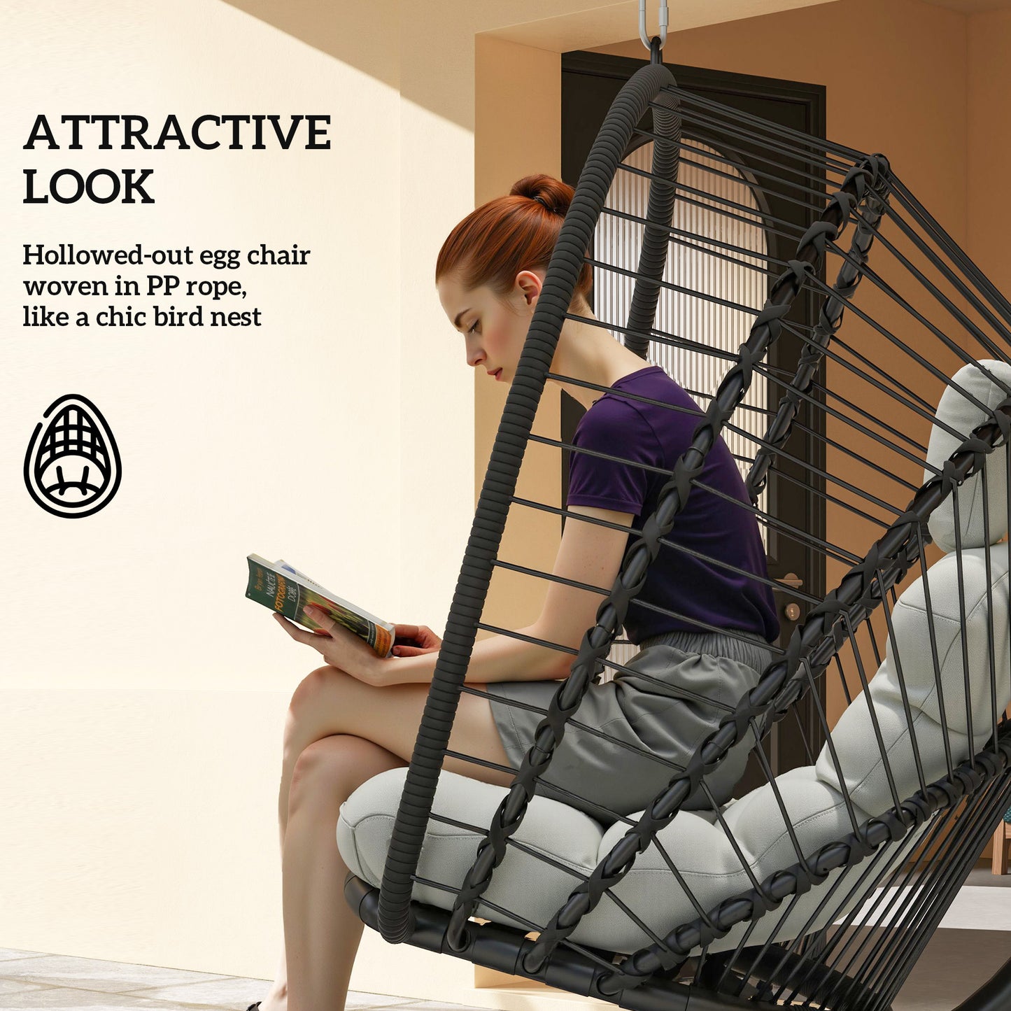 Outdoor PE Rattan Swing Chair with Foldable Basket and Cushion