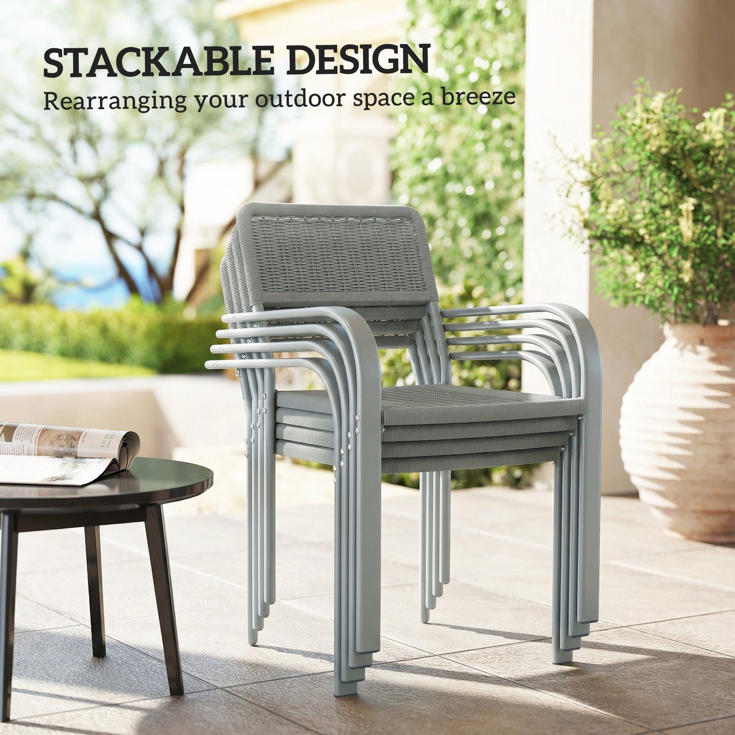Stackable Garden Chairs Set of 4, Rattan Effect Outdoor Dining Chairs