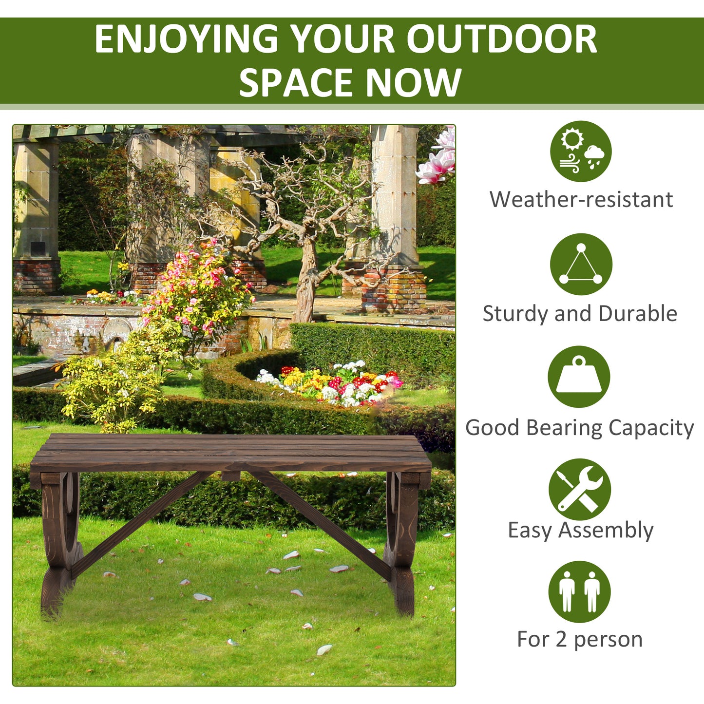 Garden Rustic Wooden Bench Wheel-Shaped Legs Slatted Seat Stable