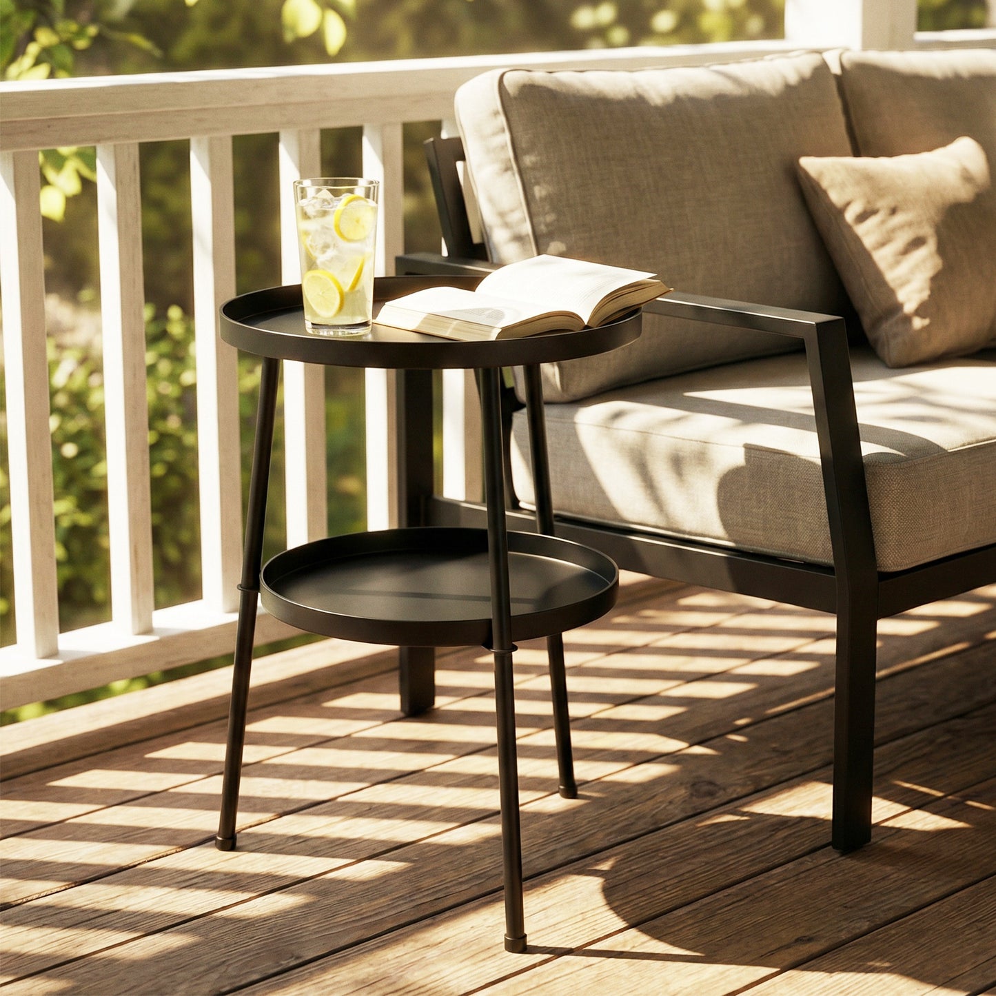 Patio Side Table, 2-Tier Round Coffee End Table