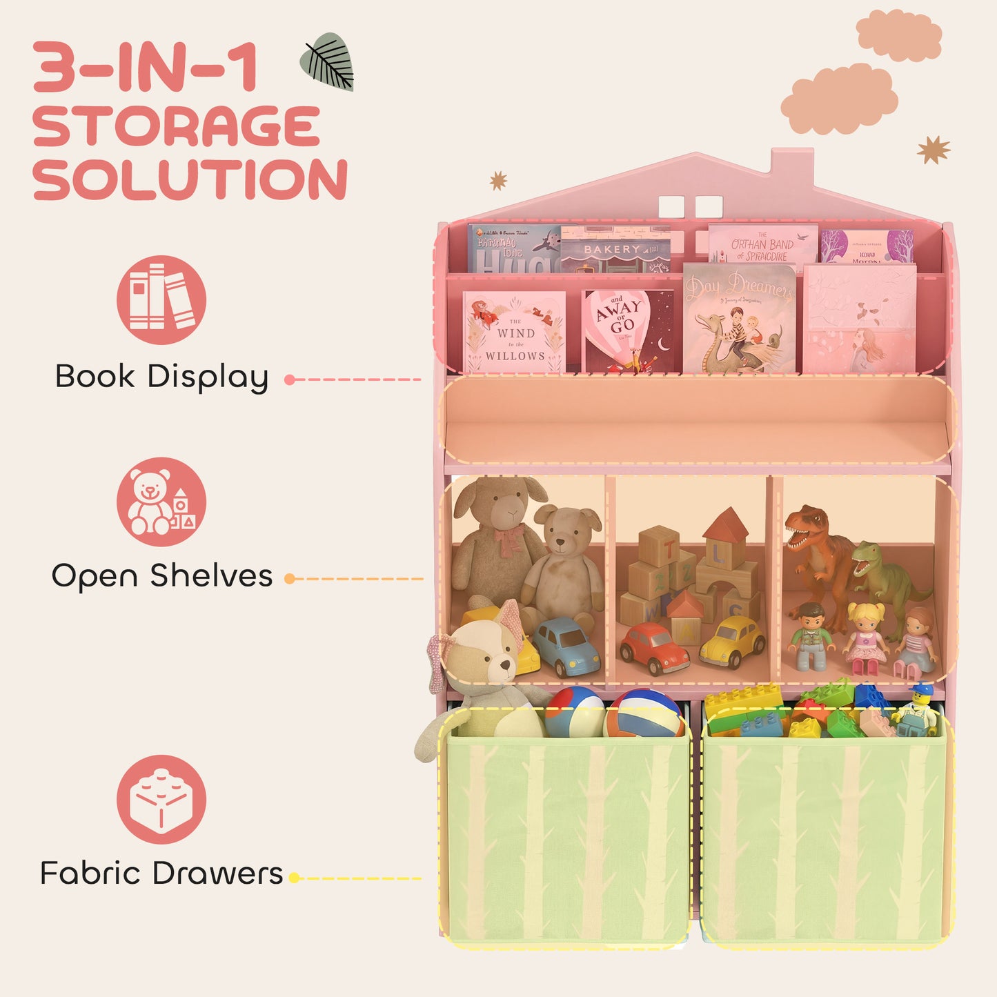 Kids Bookshelf with Storage, Toy Storage Unit with Book Display