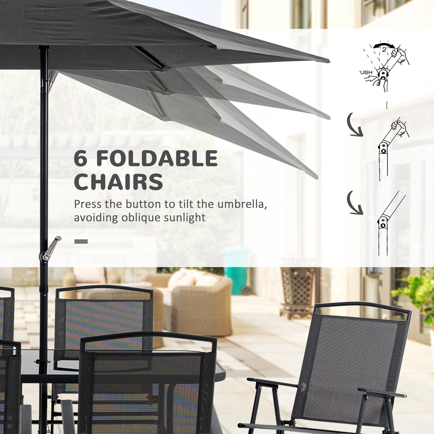 Eight-Piece Garden Dining Set, with Chairs, Table and Parasol