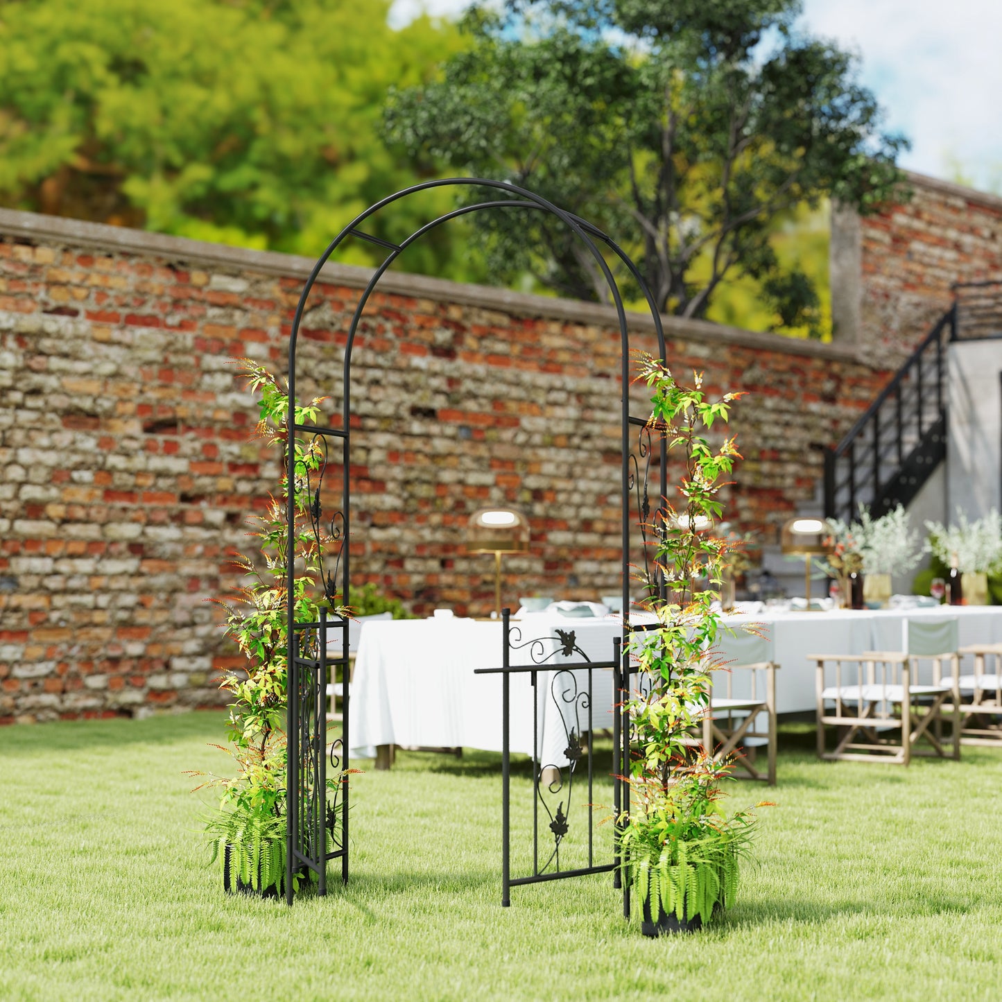 2.17m Steel Garden Arch with Gate, Wedding Arch for Outdoor, Garden