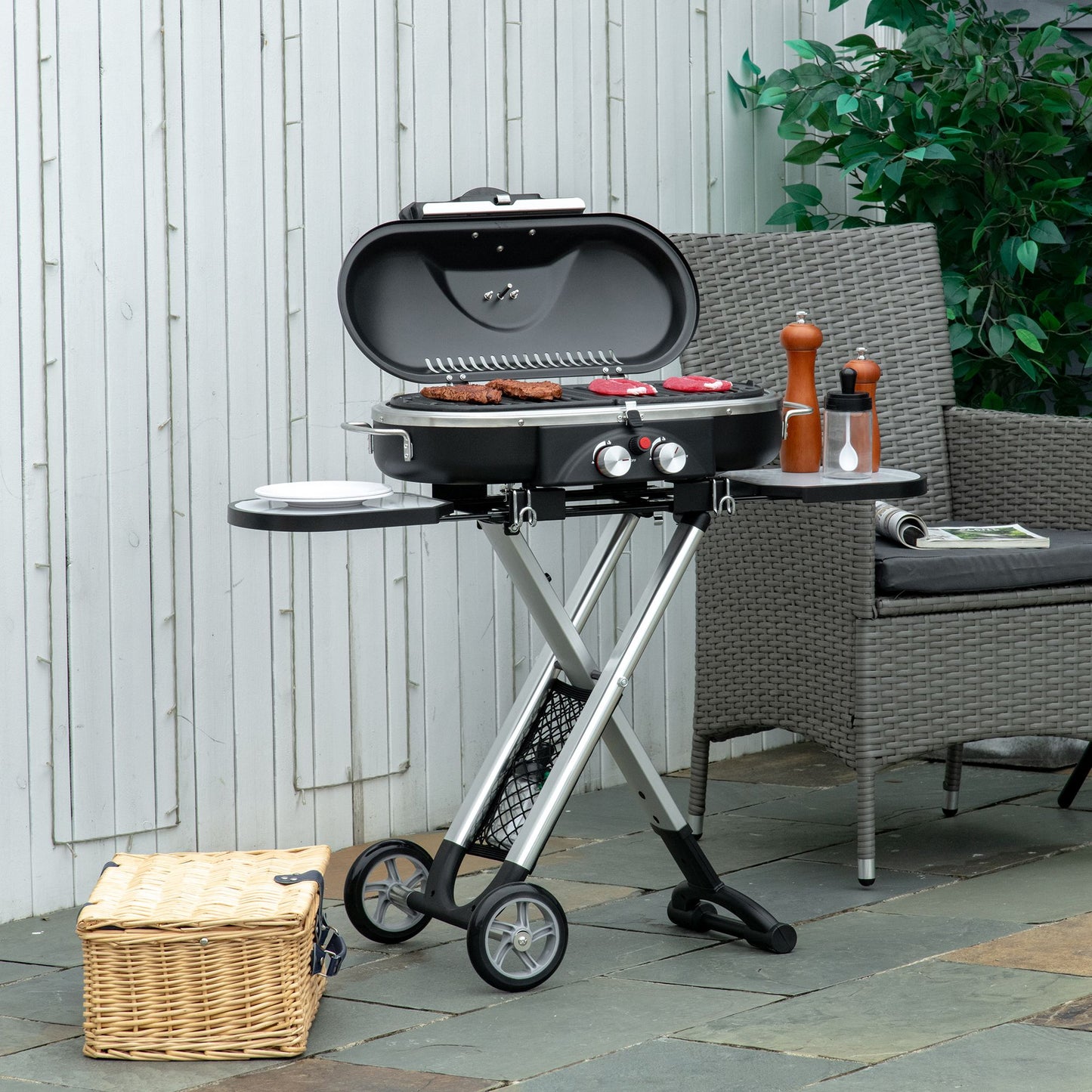Foldable Gas BBQ Grill 2 Burner Garden Barbecue Trolley w/ Lid Side