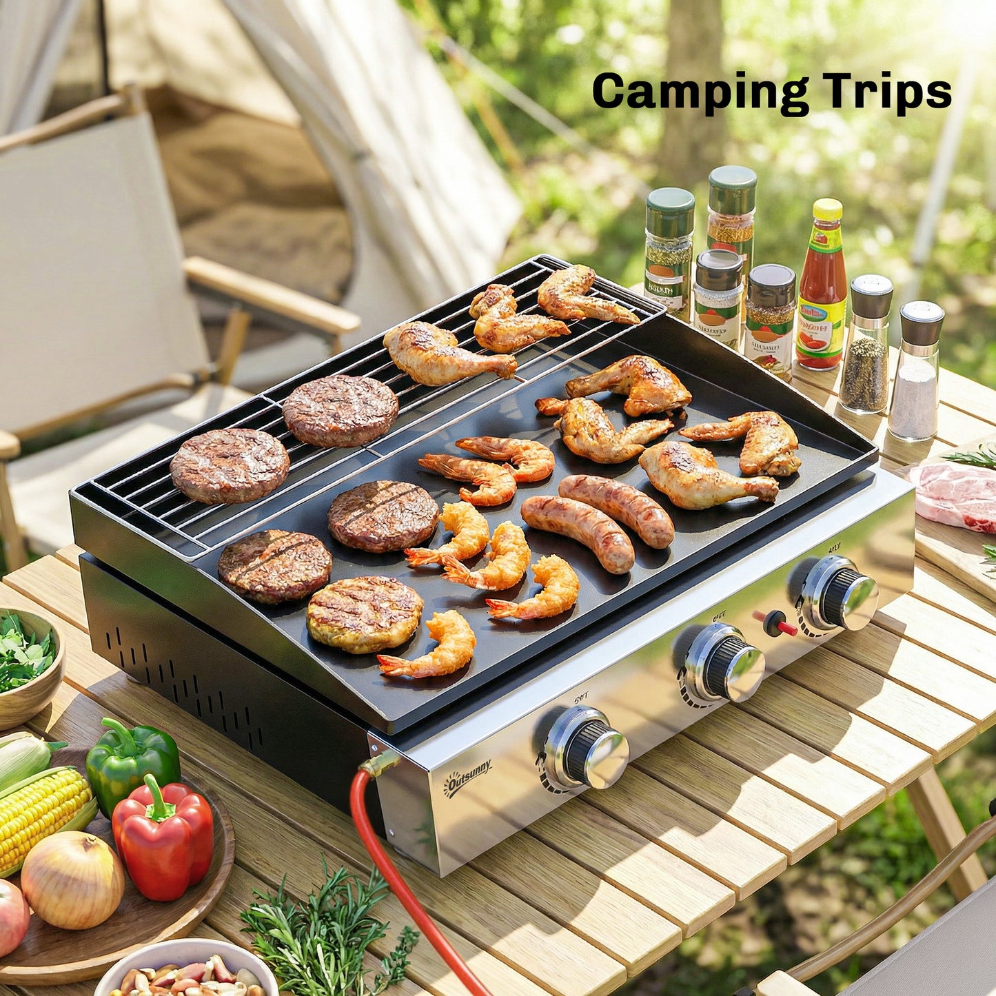 3 Burner Grill Griddle, Portable Gas Plancha with Warming Rack
