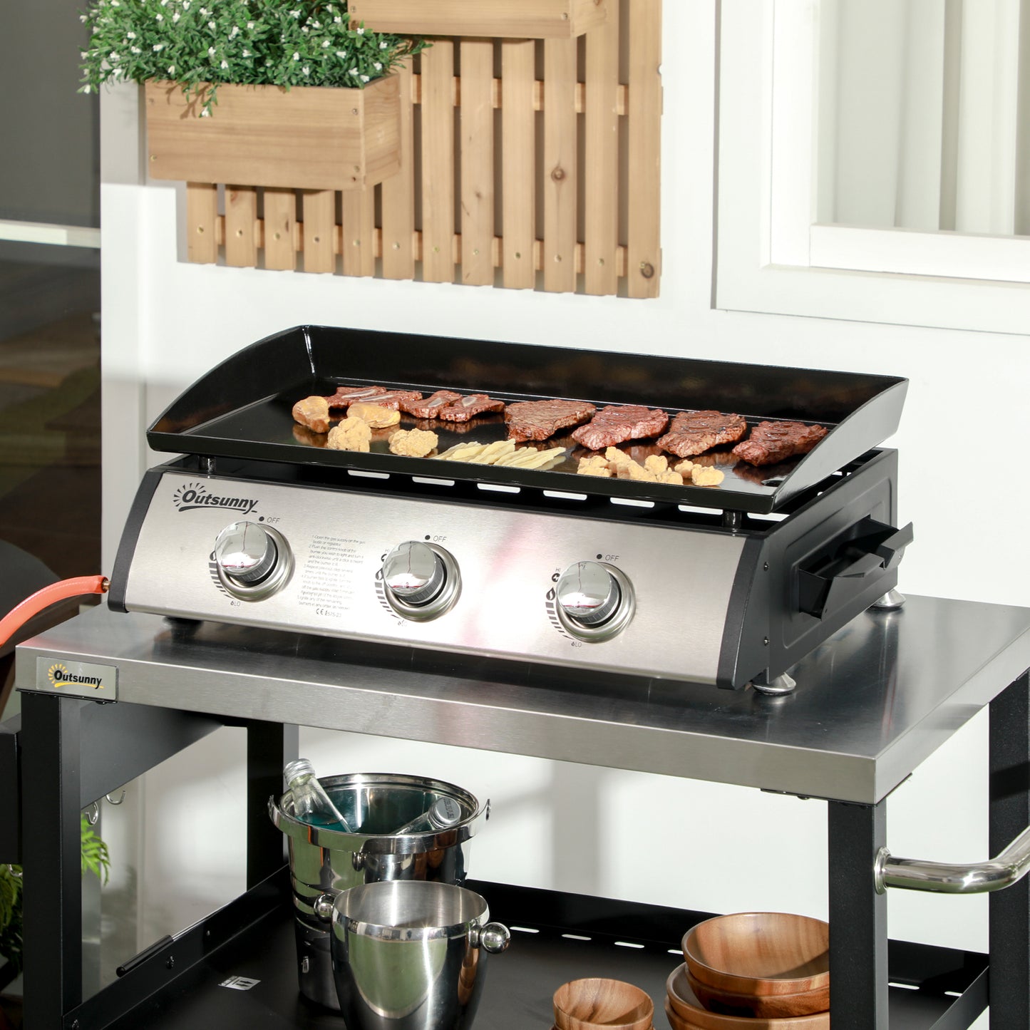 3 Burner Gas Plancha BBQ Grill with Lid