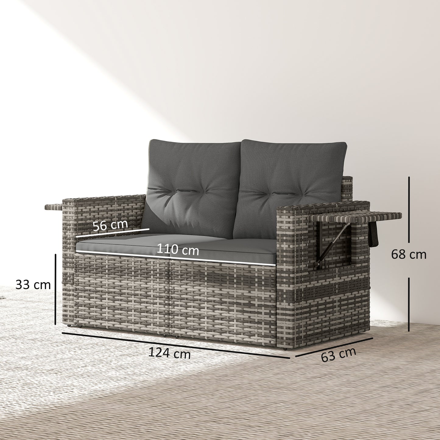 2 Seater Rattan Garden Sofa Outdoor Loveseat with Hidden Side Trays