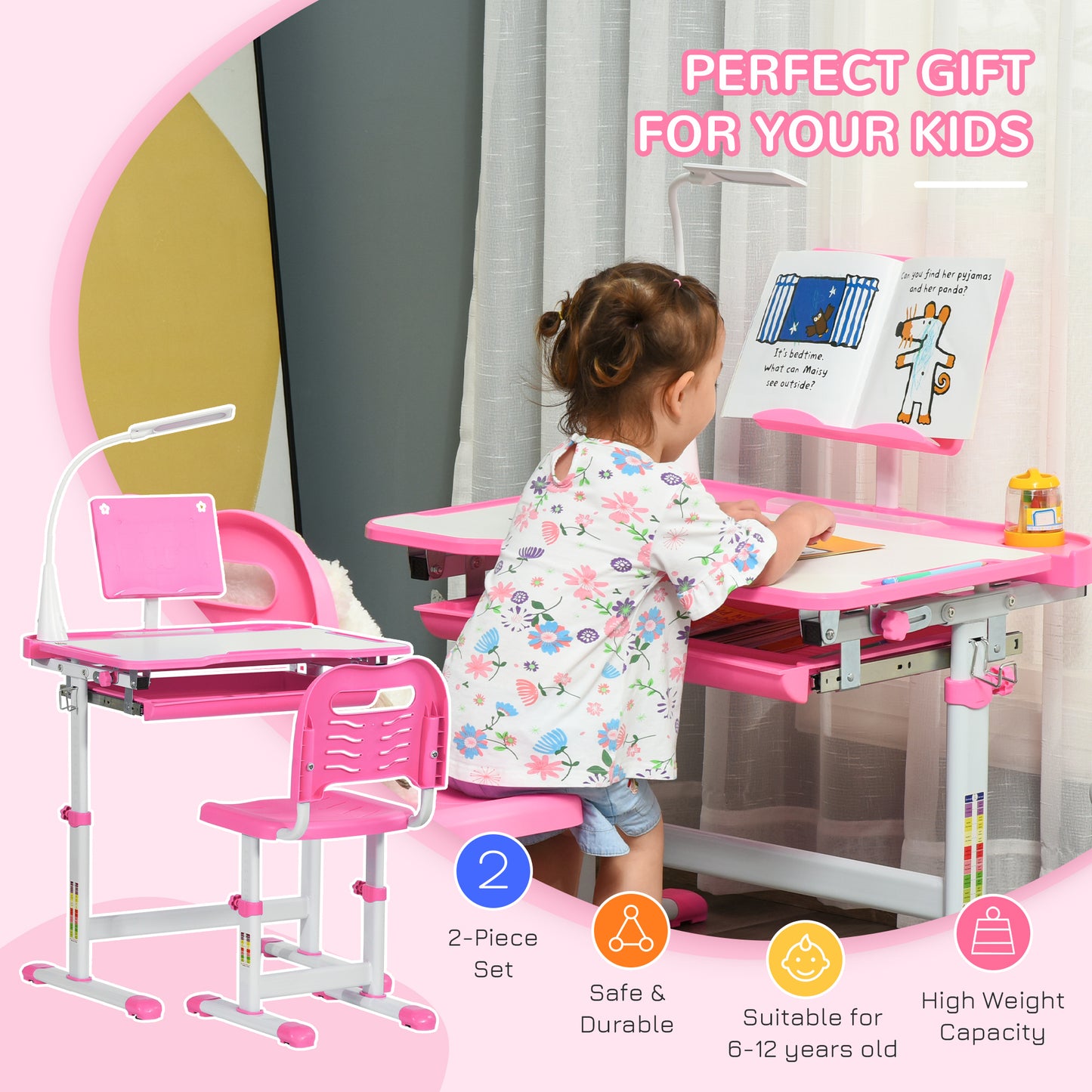 Kids Study Desk and Chair Set w/ Adjustable Height, Storage, Drawer