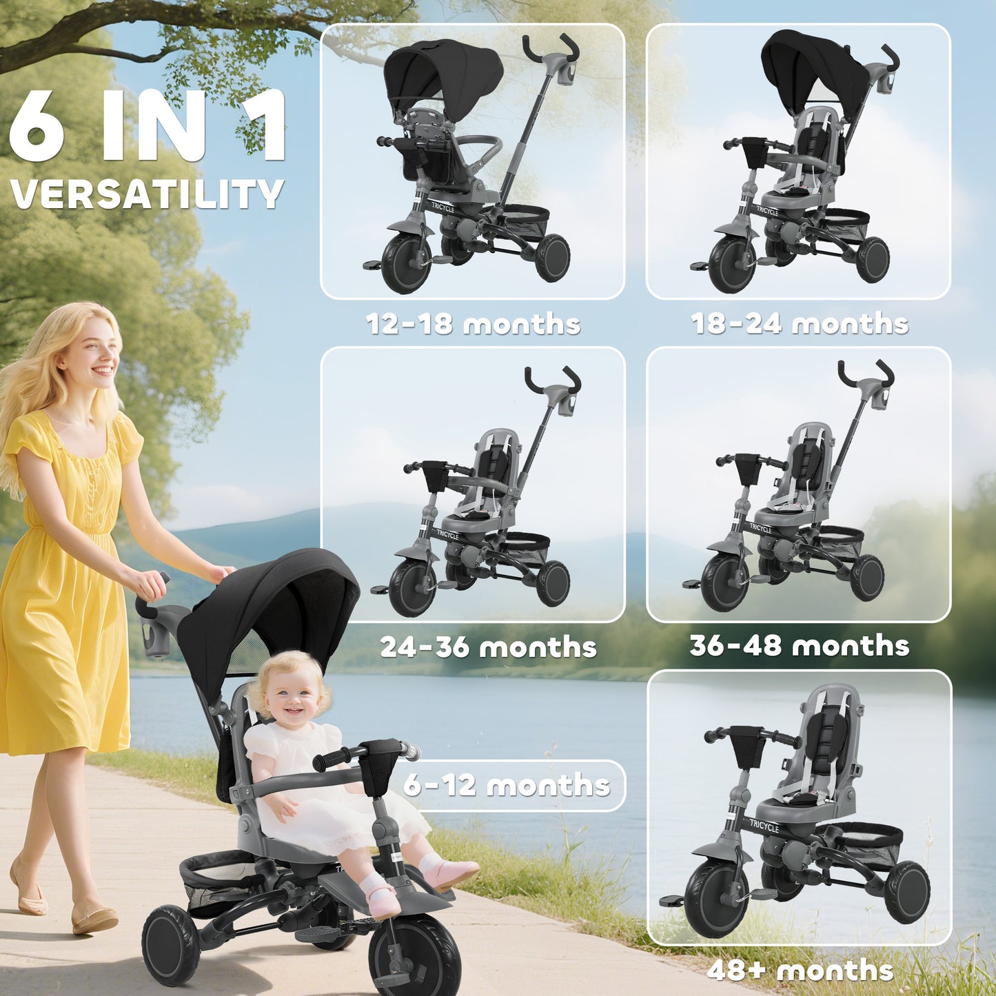 6 in 1 Foldable Kids Trike with Adjustable Parent Handle & Canopy