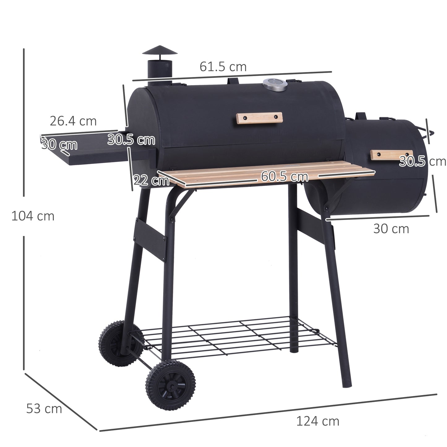 Portable Charcoal BBQ Grill, Cold-rolled Steel, Solid Wood