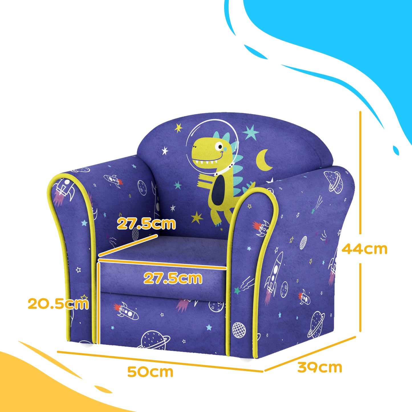 Kids Armchair with Planet Dinosaurs Design, Wooden Frame