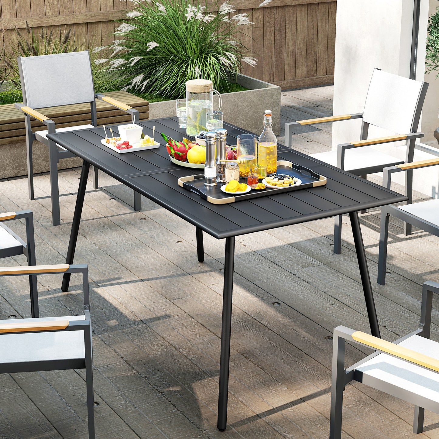 Rectangle Garden Table with Slat Top, Steel Frame