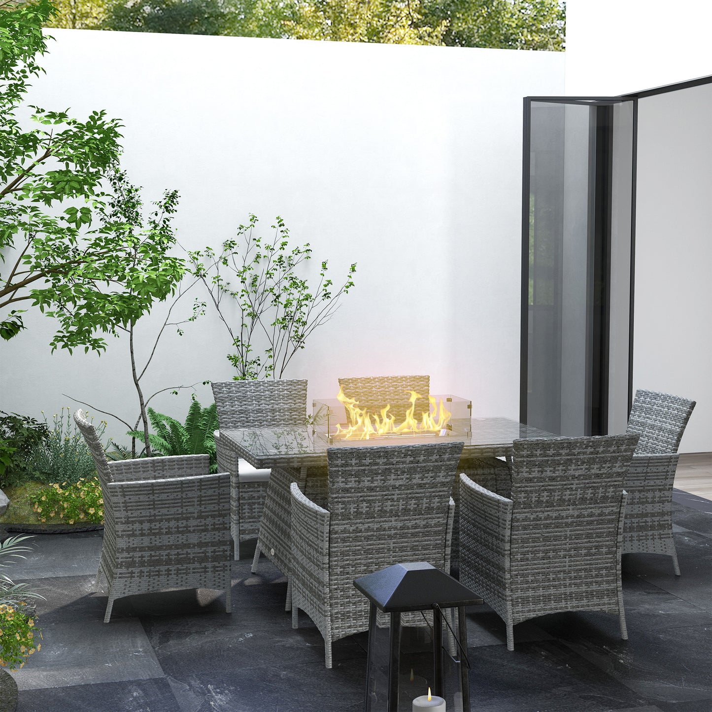 7 Pieces Outdoor Rattan Garden Furniture with Fire Pit Table