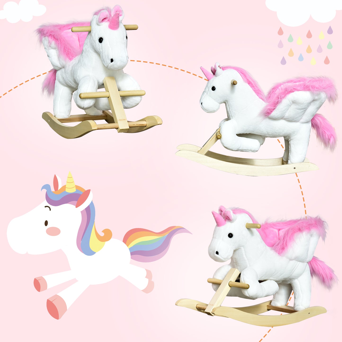 Kids Rocking Horse Toy, Plush Unicorn Rocker Seat with Wood Base