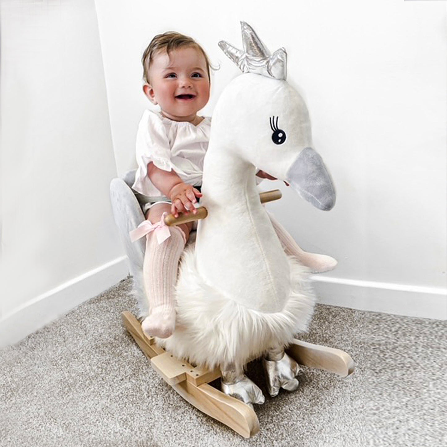 Kids Rocking Horse, Children Plush Ride On Swan Animal Rocker w/