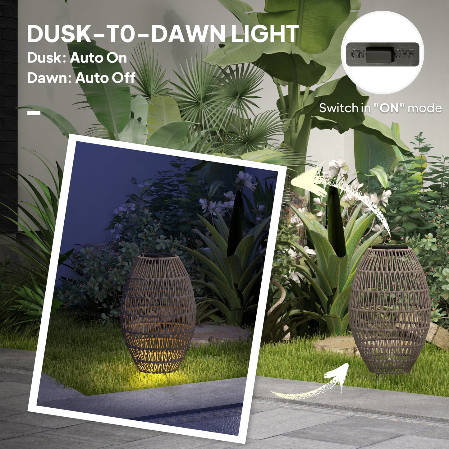 Rattan Solar Lamp, Garden Solar Lantern with Auto On/Off Light